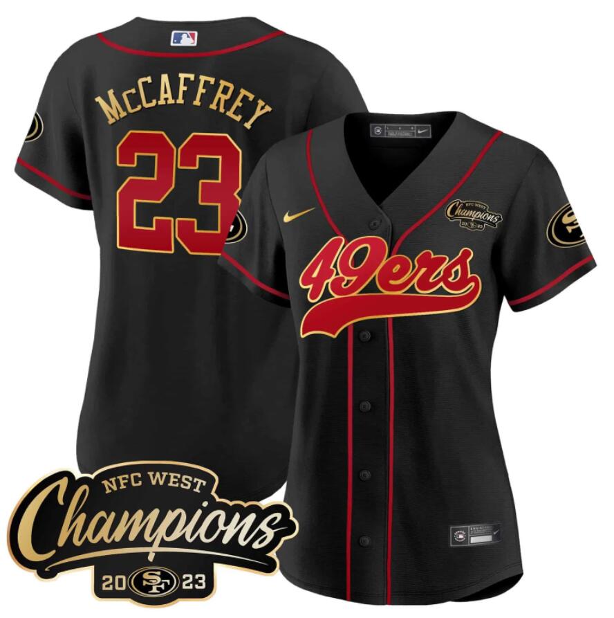 Women San Francisco 49ers 23 Mccaffrey 2023 NFC West Champions Baseball Gold Trim 2024 NFL NFL Nike black Nike jerseys